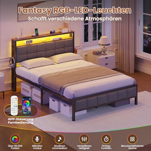 AOGLLATI Polsterbett 140x200 mit Ladestation Bett 140X200 mit LED-Beleuchtung,Bettgestell mit Lattenrost Metallbett Jugendbett mit Kopfteil aus Leinenstoff (140×200cm)