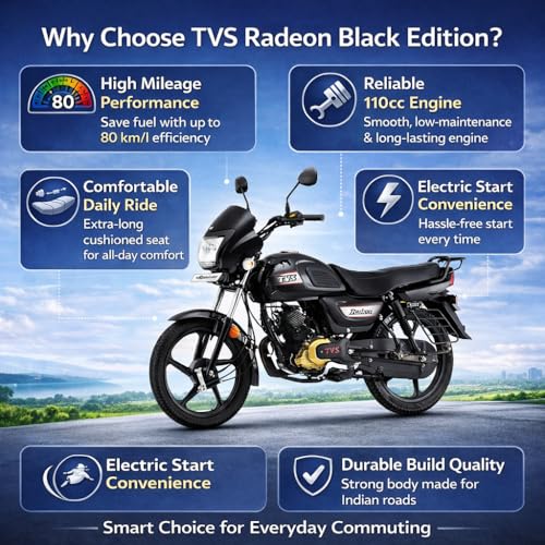 Image of TV-S Radeon Black Edition Motorcycle | 110cc Commuter Bike with Electric Start, High Mileage, Comfortable Long Seat & Durable Build | Stylish All-Black Premium Finish