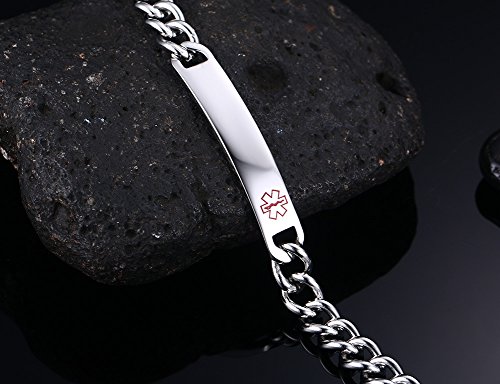 Custom Free Engraving- 8Mm High Polished Surgical Steel Chain Medical Alert Id Bracelets For Women And Men (Steel Color/Red Symbol, Custom Engrave***) #TOP3