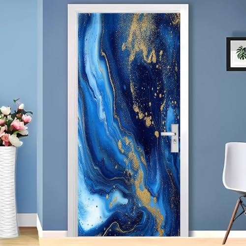 Masquer les défauts d'une porte : sticker mural marbre bleu 3D 85x205 - 4