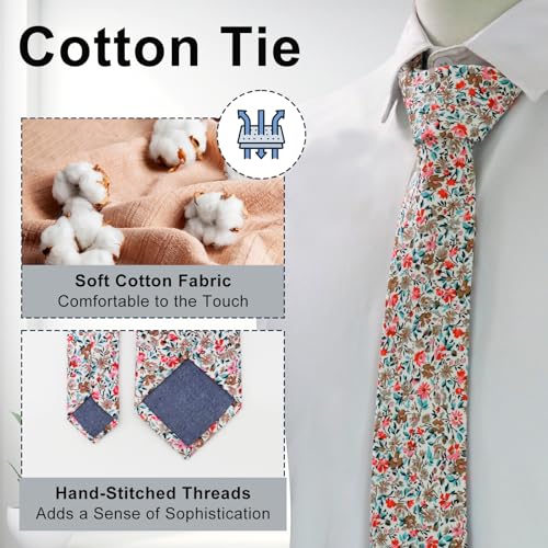 Image of Luckyvestir Mens Ties, Sage /Dusty Blue /Pink Floral Ties for Men, 2.76 inch Cotton Flower Necktie for Wedding /Groomsmen /Party