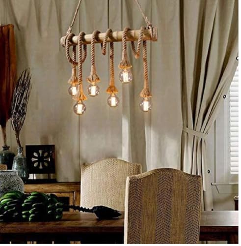 Image of GreyWings Rustic Jute Rope Hanging Light with Wooden Beam 6 Light Pendant Ceiling Lamp Farmhouse Hanging Light for (Bulb not Included), Pack of 2