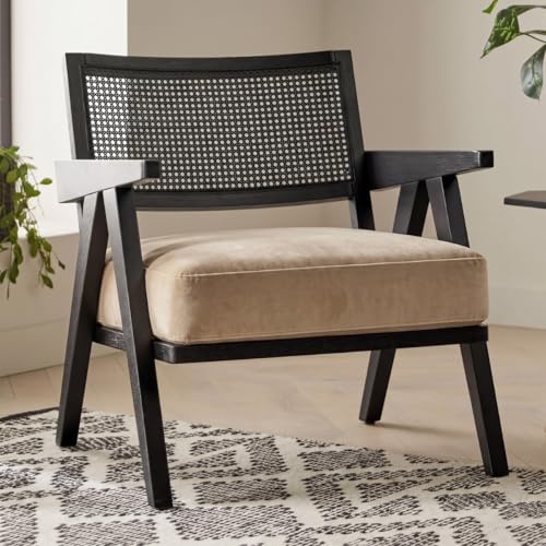 Image of Kingsman Furnitures ABEL Rattan Teak Wood Accent Arm Chair for Home Bedroom, Living, Dining, Drawing Room | Ultra Soft and Comfortable for Stress Free | Removable Cushion (Black Cane- Beige Velvet)