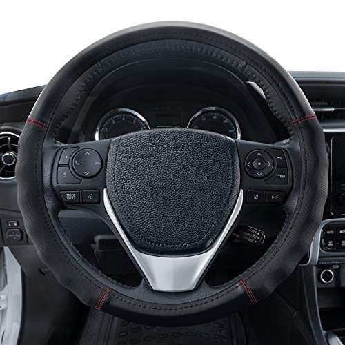 Motor Trend Faux Leather Steering Wheel Cover, Standard 15 inch Size, Comfort Grip Design, Solid Black Car Steering Wheel Cover for Truck Van SUV Auto