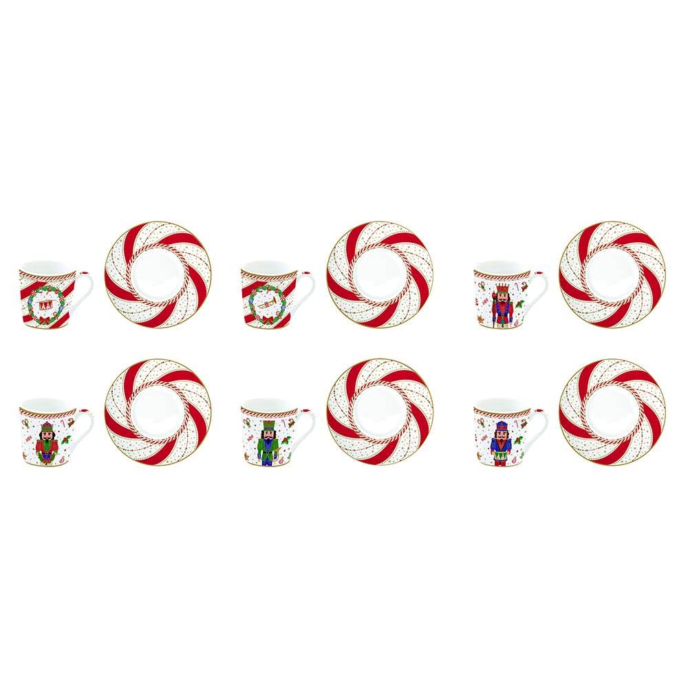 Easy Life Nutcracker Twist Set 6 Tazzine Caffe Espresso con Piattino 100ml Porcellana Tavola di Natale