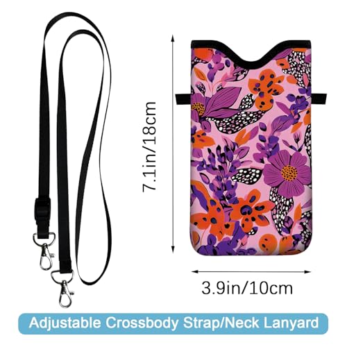 Image of Neoprene Cell Phone Sleeve Pouch Case Bag with Crossbody Strap Neck Lanyard for Women 7.1 X 3.9 in Pink Flower