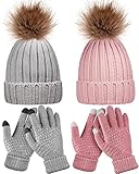 4 Pieces Winter Hat and Gloves Set Women Beanie Hat Gloves Skull Cap Touchscreen Gloves for Women Girl Lady Couple (Gray and Pink)