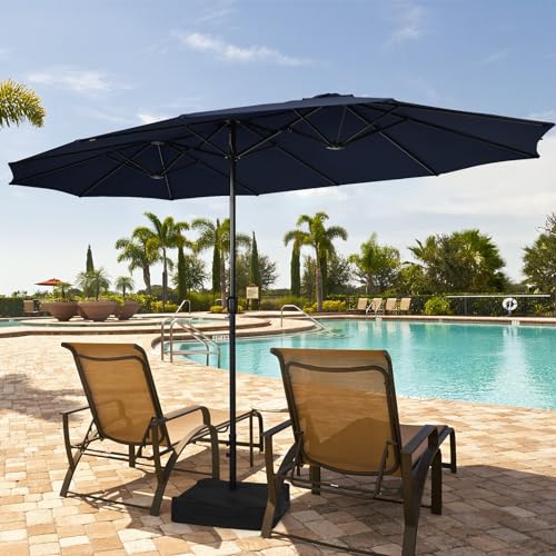 Image of Tangkula 15FT Double-Sided Patio Umbrella with Base, Extra-Large Market Umbrella W /Crank System, Outdoor Twin Umbrella W / 12-Rib Metal Structure & Air Vents for Garden, Backyard, Poolside (Navy)