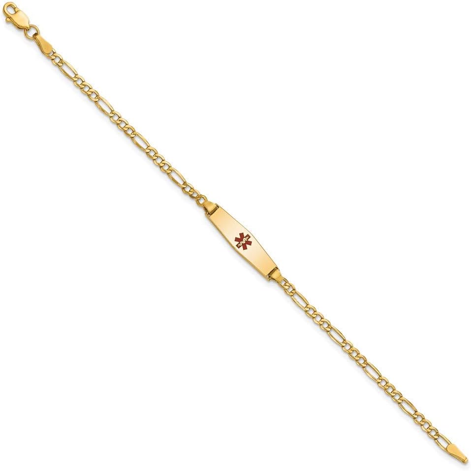 Engravable Personalized Custom 14K Yellow Gold Medical Solid Soft Diamond Shape Red Enamel Figaro ID Bracelet For Men or Women Length 7 inches Width 5.5 mm With Lobster Claw Clasp