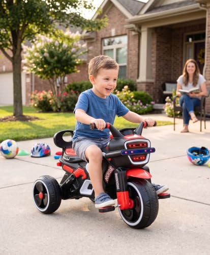 Image of SRECAP Kids Pedal Tricycle with Push Handle | Toddler Trike with Headlight, Music, EVA Wheels & Curved Seat with Backrest | 15 Months-3 Years (Red)