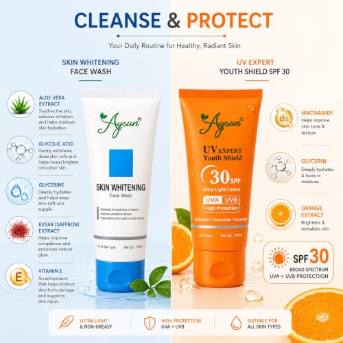 Image of Aysun Premium Daily Skincare Essentials | Skin Brightening Face Wash for Deep Cleansing & UV Expert Youth Shield Sunscreen SPF 30 with UVA /UVB Protection | Lightweight Formula | Healthy, Radiant & Protected Skin | Combo Pack Of 2
