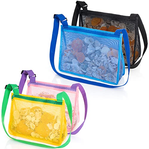 JOTO Beach Mesh Bag Shell Bags, 2 Large & 2 Standard Kids Sand Toy Seashell Collecting Bag 4 Pack