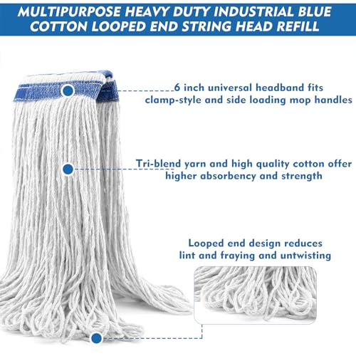Image of 24 oz Loop-End Cotton String Mop Head, Heavy Duty String Mop Refills, 6 Inch Headband, Mop Head Replacement for Home, Industrial and Commercial Use (white-3pc)