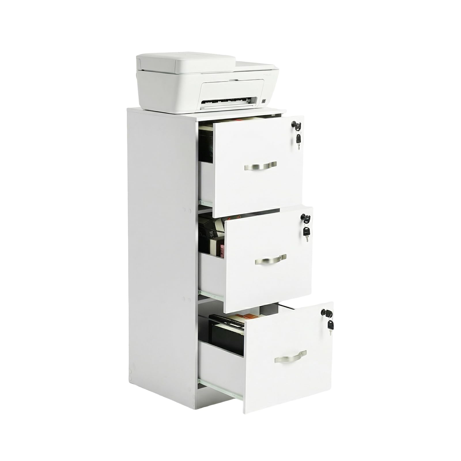 Mobiletto per Stampante con 3 Cassetti, Bloccabile porta Stampante in Legno, Cassettiera Ufficio da Scrivania, Maniglie Metalliche e Guide Scorrevoli, 40×41×103.5cm, Bianco