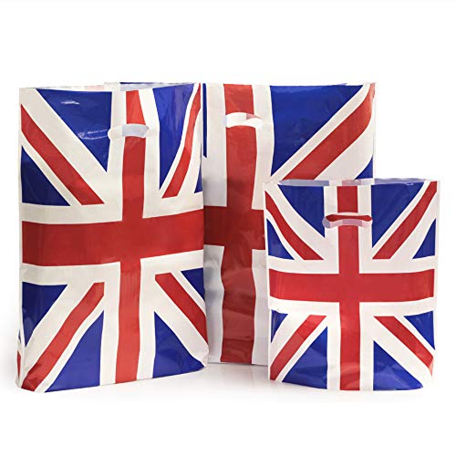 100x HEAVY DUTY STRONG COLOREDFULL PLASTIC CARRIER PATCH HANDLE BAGS, PARTY, BOUTIQUE GIFT BAGS (Union Jack, 10 x 12)