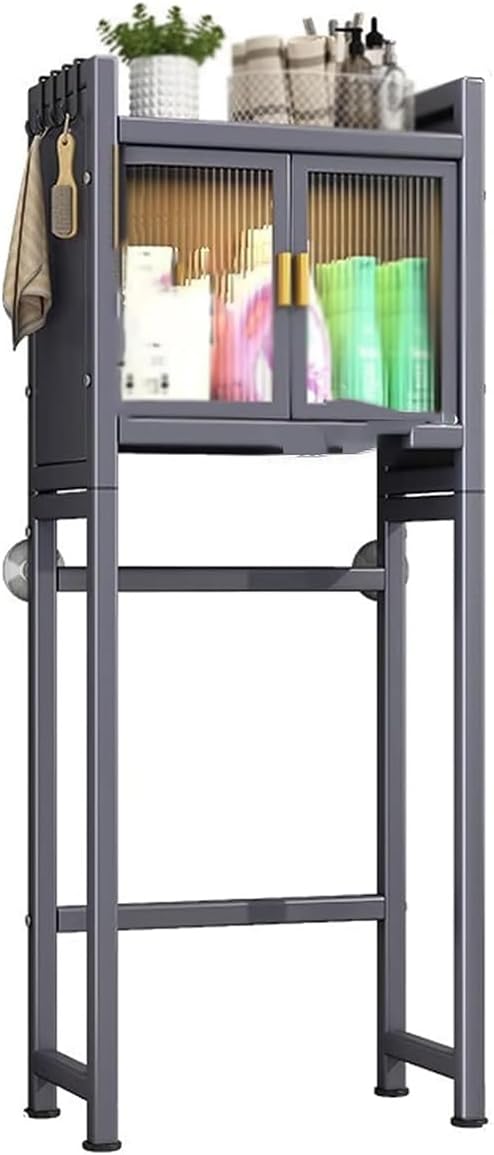 Over The Toilet Storage Shelf with Doors, Laundry Room Shelf Organization with Cabinet Multifunctional Space Saver Toilet Rack with 4 Hooks Laundry Organizer,B,1