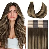 Googoo 20pcs 50g Tape in Hair Extensions Ombre Chocolate Brown to Caramel Blonde Remy Human Hair Extensions Balayage Seamless Straight Real Hair Extensions Tape in Natural Hair 18 Inch