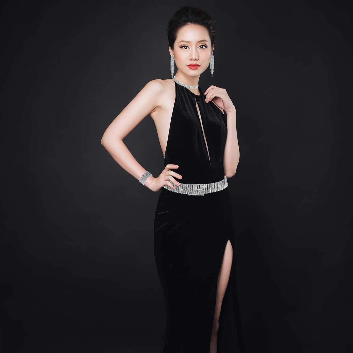 Tondiamo 7 Pieces Women Rhinestone Jewelry Set Crystal Belt Shiny Diamond Choker Necklace Bangle Bracelet Tassel Dangling and hoop Earring for Wedding Bridal Party Accessories - Image 4