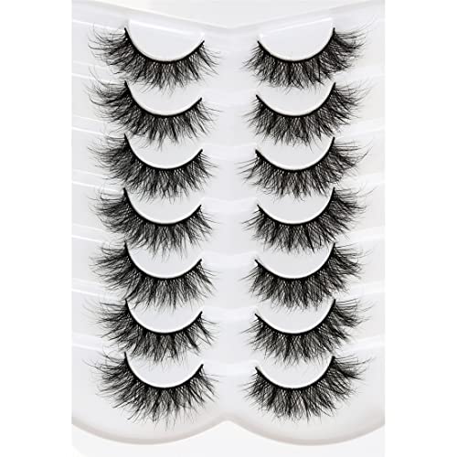 Pooplunch False Eyelashes Fluffy 8D Cat Eye Faux Mink Lashes 7 Pairs Wispy Dramatic Volume Fake Eyelash Pack