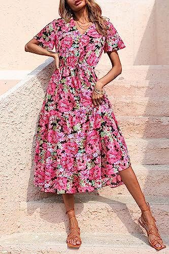 PRETTYGARDEN Summer Floral Dress for Women 2025 Casual Boho Short Sleeve Maxi Dresses V Neck Tiered Flowy Beach Sundress