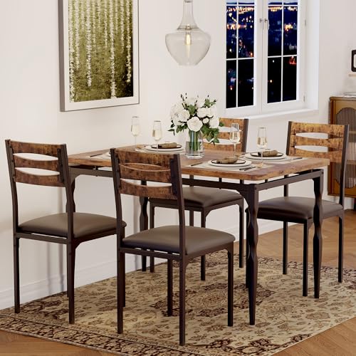 GarveeHome 5 Piece Dining Table Set, Industrial Style Dining Table and Chairs Set for 4, Kitchen Table Set for Dining Room Kitchen Apartment, Brown