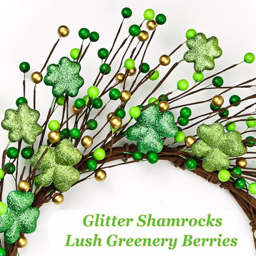 Lotus Hills 18 Inch St Patricks Day Wreath, Shiny Shamrock Decorations, St Patricks Day Wreaths for Front Door with Lush Greenery Clovers Berries, Irish Lucky Shamrock Decor for Home Office School by Lotus Hills - Image 3