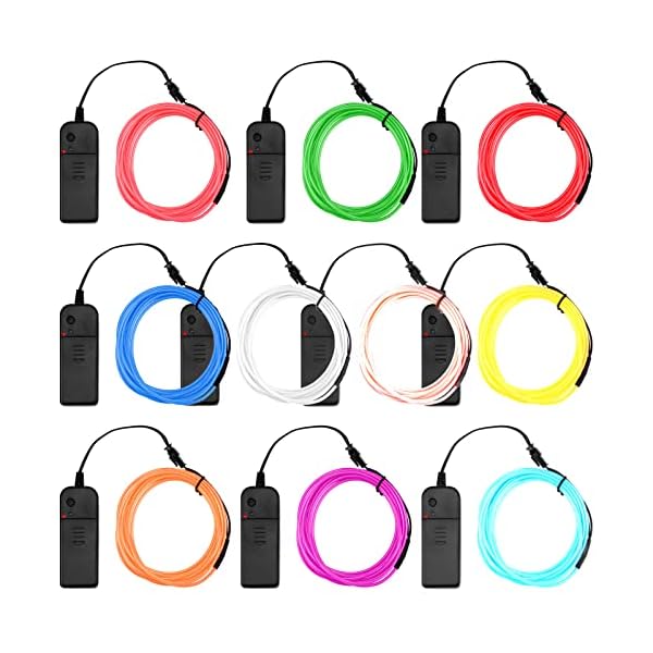 10 pack el wire 9. 8 ft led wire lights with battery pack portable neon lights cuttable glowing strobing electroluminescent light battery powered led lights glow in the dark for party, diy decoration - image 3