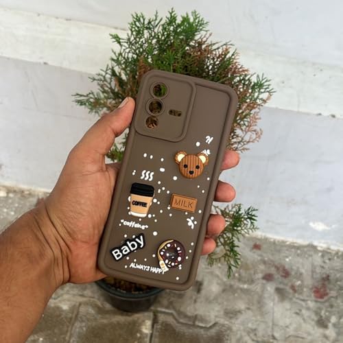 Image of Outlouders Back Cover for Vivo V23 5G | 3D Cartoon Bear Cute Fun Silicone Full Body Protection Bumper Case (Brown)