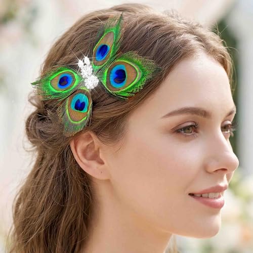 Yokawe pinza de cabello vintage con diseño de mariposa y plumas de pavo real con cristales para fiesta Gatsby, graduación y boda miniatura 1