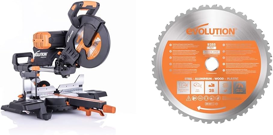 Evolution R255SMS-DB+ 10" Dual Bevel Sliding Miter Saw Bundle With RAGE255 Multi-Purpose Cutting Blade