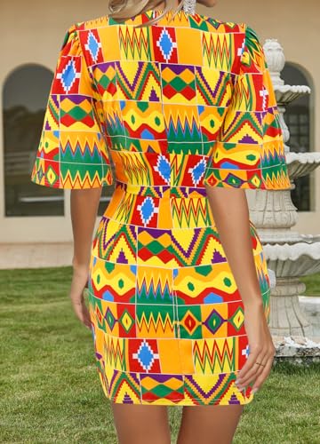 Image of Women Boho African Floral Print Pleated Short Midi Dress Multi-Way Dress for Casual Rave Club Party