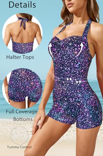 Image of Tempt Me Women Tummy Control One Piece Swimsuits with Shorts | Ruched, Retro bathing Suit, Boyleg, Halter, Vintage, Built-in padded cups