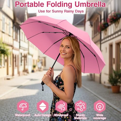 ZOMAKE Small Travel Umbrella Compact Portable Collapsible Umbrellas for Rain, Windproof, Automatic Lightweight Paraguas for Women, Men(Pink) — view 4