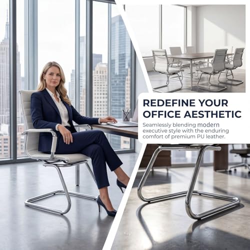 Image of Conference Room Chairs Set of 4, Waiting Room Chairs with Arms, Faux Leather Reception Chairs No Wheels, Office Guest Chairs with Mid Back Support and Chrome Sled Base, WhiteWhite