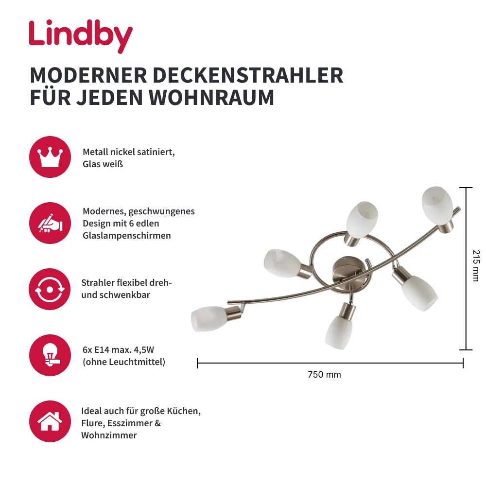 Lindby Glas Deckenlampe, Deckenstrahler drehbar und schwenkbar Deckenleuchte 6x E14 ohne Leuchtmittel Wohnzimmerlampe Küchenlampe Strahler Spot