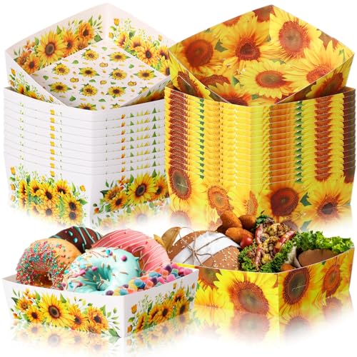 36 Pcs 5 lb Sunflower Party Supplies Yellow Sunflower Nacho Boats Large Thick Paper Serving Snack Trays for Tea Party Birthday Baby Shower Bridal Shower