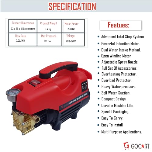 Image of GOCART WITH G LOGO High Pressure Washer 2000W with 145 BAR,7.01 /Min Flow Rate,10Meters Outlet hose,1m Power Cord for Car, Bike and Home Cleaning Purpose (145 BAR)