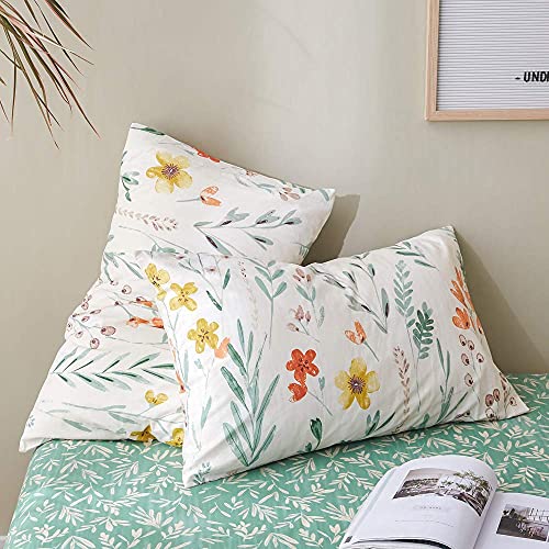 Vm Vougemarket Garden Flower Duvet Cover Queen With Red Yellow Flower Printed,100% Cotton Green Branch Leaves Girls Bedding Set,Bright Elegant Colorful Comforter Quilt Cover With Zipper Closure #TOP6