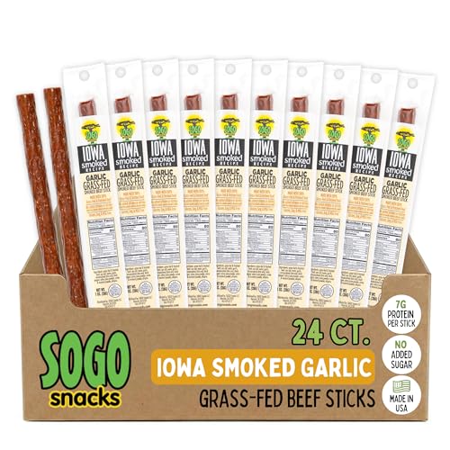 Garlic, Sogo Snacks, Sugar Free Beef Jerky, Non-GMO Grass-fed Beef Sticks. No Nitrates, Gluten, Soy, MSG, Dairy, or Nuts. Paleo, Whole30, & Keto Snack (Garlic-ISR, 1-oz, 24 Cnt)