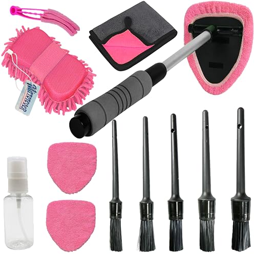 Car Detailing Kit-Car Wash Kit-Detailing Brush Set- Cleaning Kits with Windshield Cleaner and Wash Sponge-Car Interior Cleaning Kit-Car Cleaning Supplies for Windows, Dashboard, Air Vents (pink)