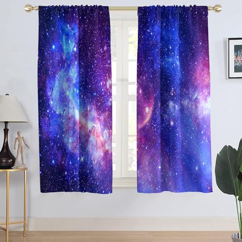 AAtter Galaxy Window Curtain Outer Space Purple Star Constellation Celestial KidsGirls Boys Cool Trippy Cloud Starry Bedroom Living Room Window Drapes Treatment Fabric 1 Pair, 42