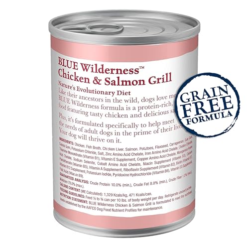 Blue Buffalo Wilderness High Protein Natural Adult Wet Dog Food Plus Wholesome Grains, Chicken & Salmon Grill 12.5-oz Cans