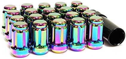 Neo Chrome Closed Ended Tuner Spline Wheel Lug Nuts 20 Pieces with Socket Key - 12x1.25mm