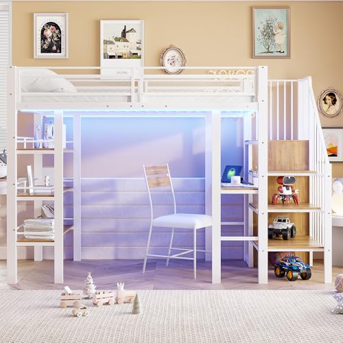 TIZZ Cama alta 90 x 200 cm con barra de luz LED y enchufe, cama de hierro forjado con estante y estantería, cama individual multifuncional, color blanco