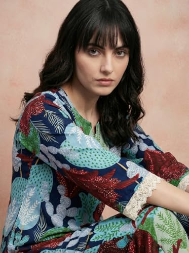Image of Bee M Pee Designer Trendy Floral Printed Poly Rayon Cotton Kurta Coord Sets for Women | Stylish Casual Kurti Tunic Cord Set with Pant for Woman for Office