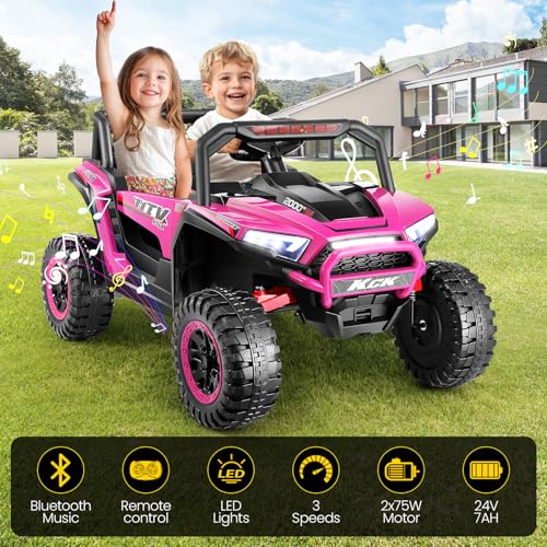 Hikole 24V 2 Seater Ride on Car Truck for Kids, Electric UTV W/Parents Remote Control, Ride on Toys with Four-Wheel Suspension, 20\" Wide Seat, Storage Space, Music, USB, LED Lights, Pink