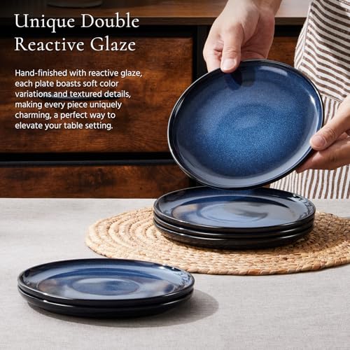 Image of E-far 8 inch Ceramic Salad Plates Set of 6, Reactive Glaze Stoneware Dishes, Round Dessert Plate for Home Kitchen Restaurant, Microwave & Dishwasher Safe - Deep Sea Blue