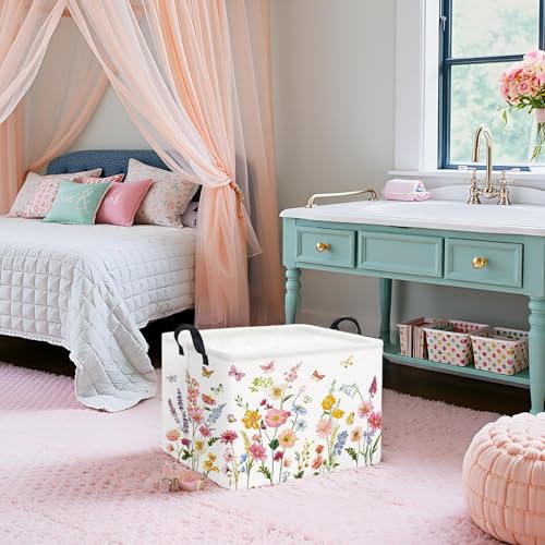 Image of Rectangular Baby Girls Basket Kids Baby Storage Basket Cute Storage Bin Organizer Shelf Book Flower Room Decor(Butterfly Flower)
