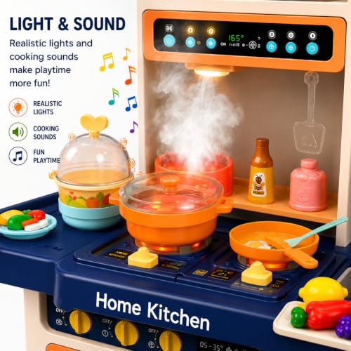 Image of Kids Kitchen Set with Pretend Play Accessories, Water Spray Cooking Effect, Toy Oven, Sink, Storage Shelves & Kitchen Utensils, Role Play Cooking Toy for Boys & Girls