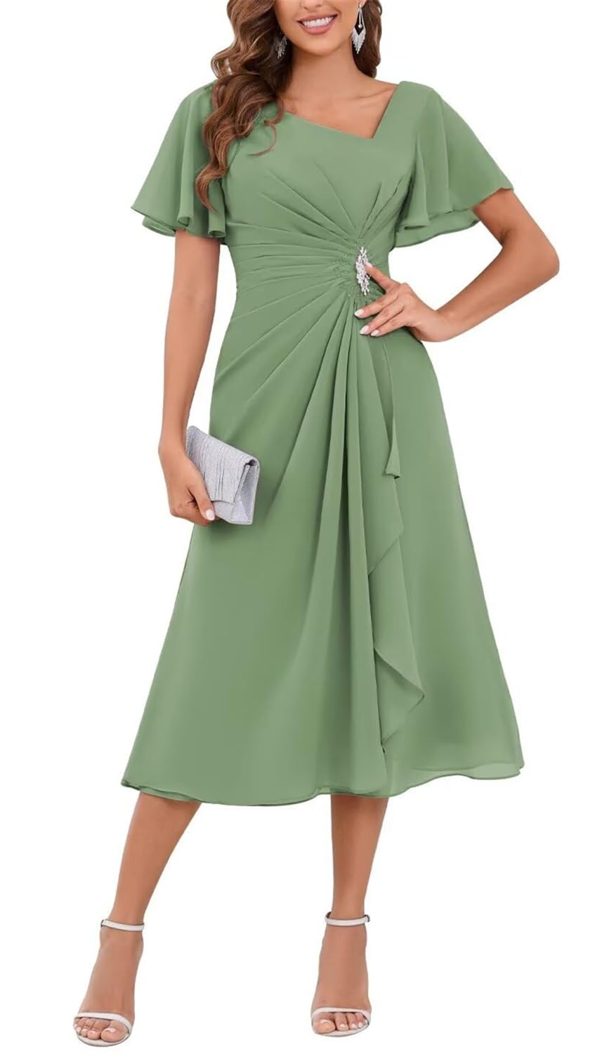 Yiann Women's Sage Green Flutter Sleeve Chiffon Mother Of The Bride Dresses For Wedding Plus Size Tea Length Formal Evening Dress Uk18